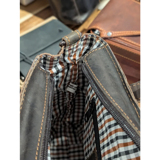 Panama leather mini crossbody tote bag with checkered interior