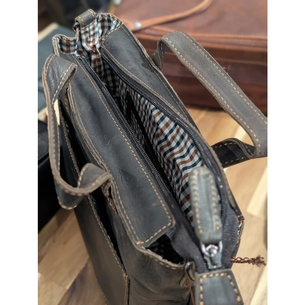 Panama leather mini crossbody tote bag in dark gray with tan stitching