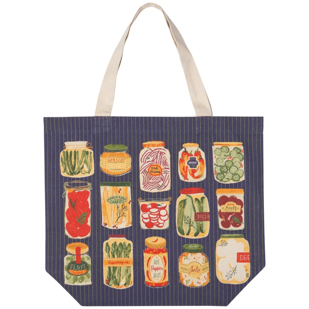 Navy blue pinstripe canvas pickling tote bag with cream handles and colorful pickled jar label illustration