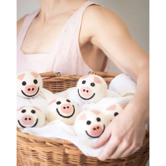 Pig eco dryer balls set of 3 in basket with bath bombs