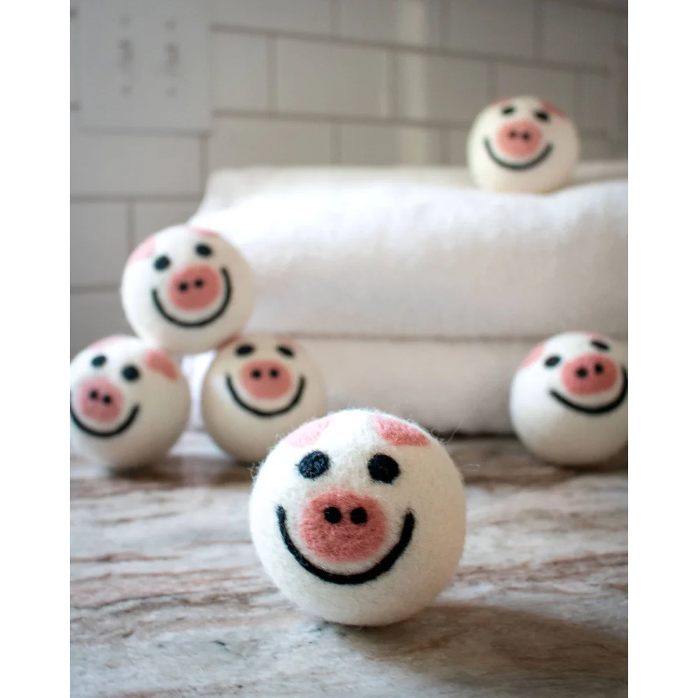 Cute white pig eco dryer balls with pink black accents set of 3