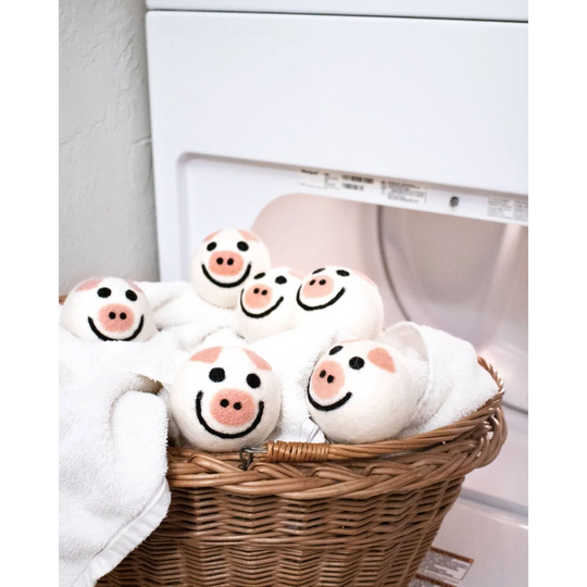 Cute pig eco dryer balls set of 3 in white with pink accents