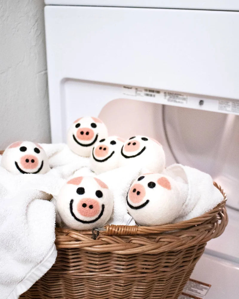 Cute pig eco dryer balls set of 3 in white with pink accents