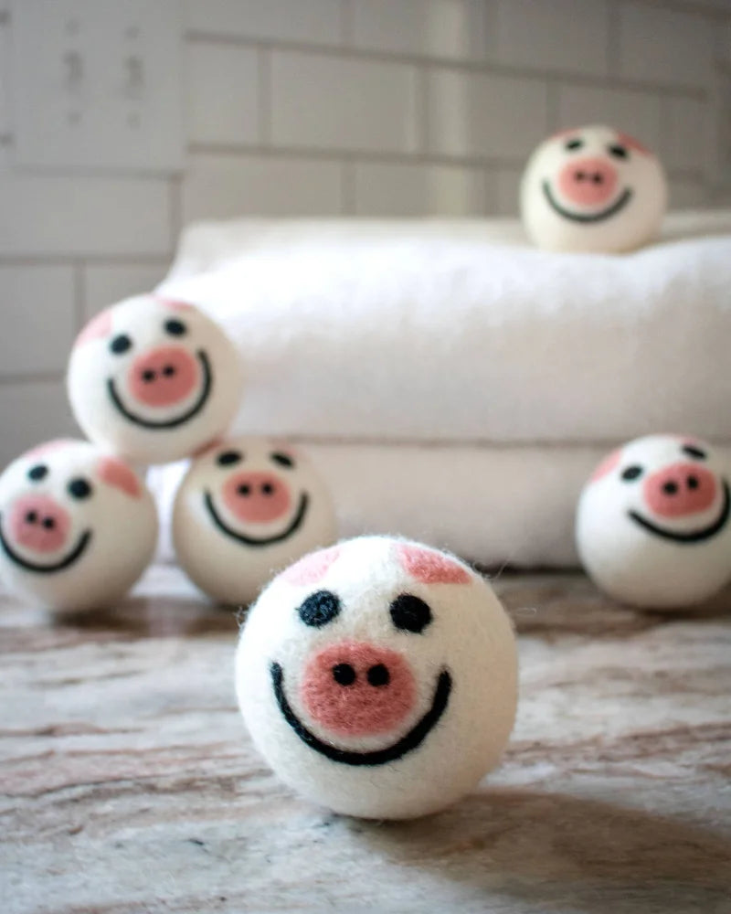 Cute white pig eco dryer balls with pink black accents set of 3