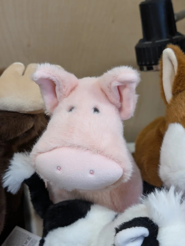 Pink piggies plush pig toy with soft fuzzy texture and small black button eyes perfect for kids and collectors