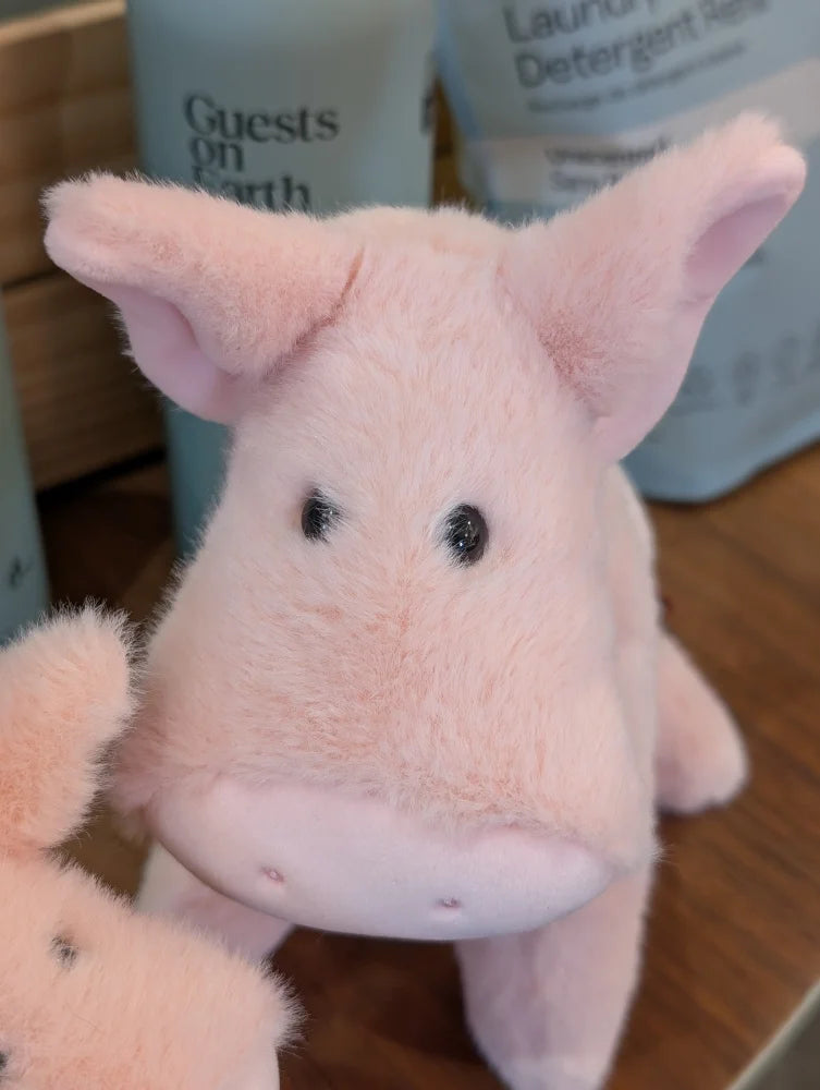 A large size soft pink pig plush toy with black button eyes and a darker pink snout from pink piggies