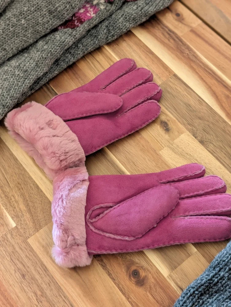 Brilliant shade pink sheepskin gloves with fur lining, two pairs