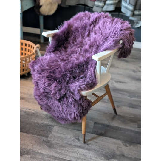 Gorgeous plum purple merino sheepskin throw on white frame chair
