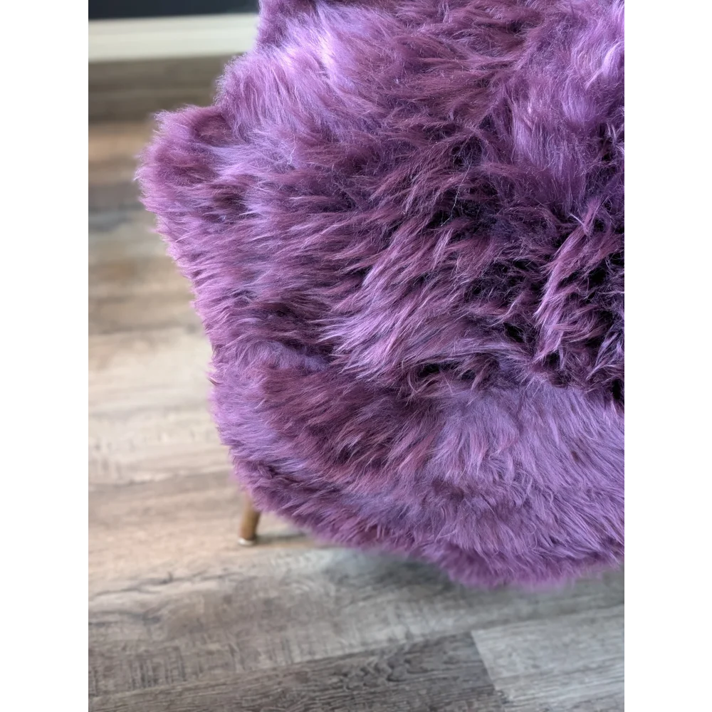 Gorgeous plum purple merino sheepskin fluffy chair cushion with wooden legs