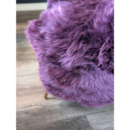 Gorgeous plum purple merino sheepskin fluffy chair cushion with wooden legs