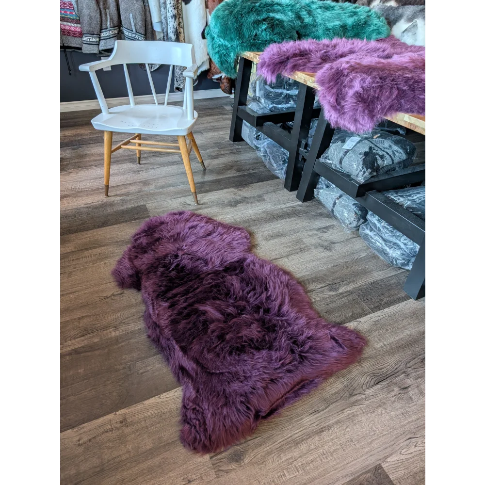 Gorgeous plum purple merino sheepskin throw, shaggy faux fur, eco-friendly