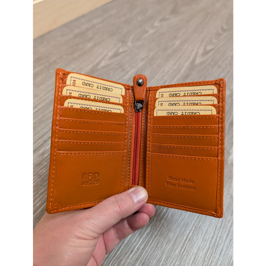 Orange leather pocket card holder with zip RFID wallet, zip compartment