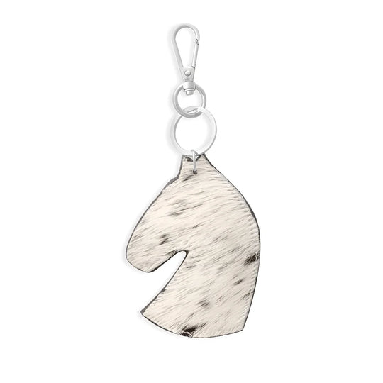 Proud Pony key fob with black white cowhide horse head and silver hardware