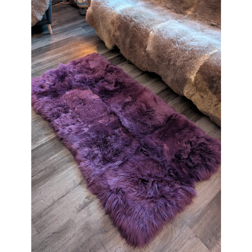 Purple sheepskin area rug 68x35 with fluffy wool texture