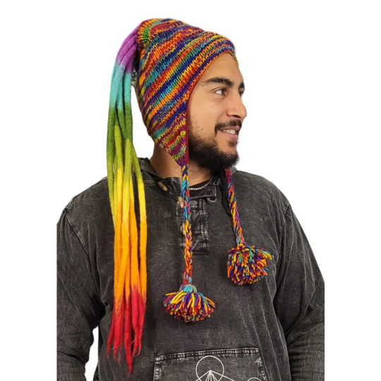 Fabulous wool rainbow rasta hat with slouchy rainbow stripes, tassels, pom-poms, and felted wool dreads