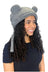 Gray rana hat knitted with zealand wool featuring soft rounded bear ears and braided tassels with ear flaps