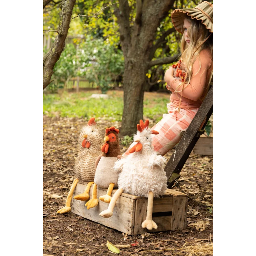 Randy the Rooster white plush chicken toy with orange beak and feet on wooden crate