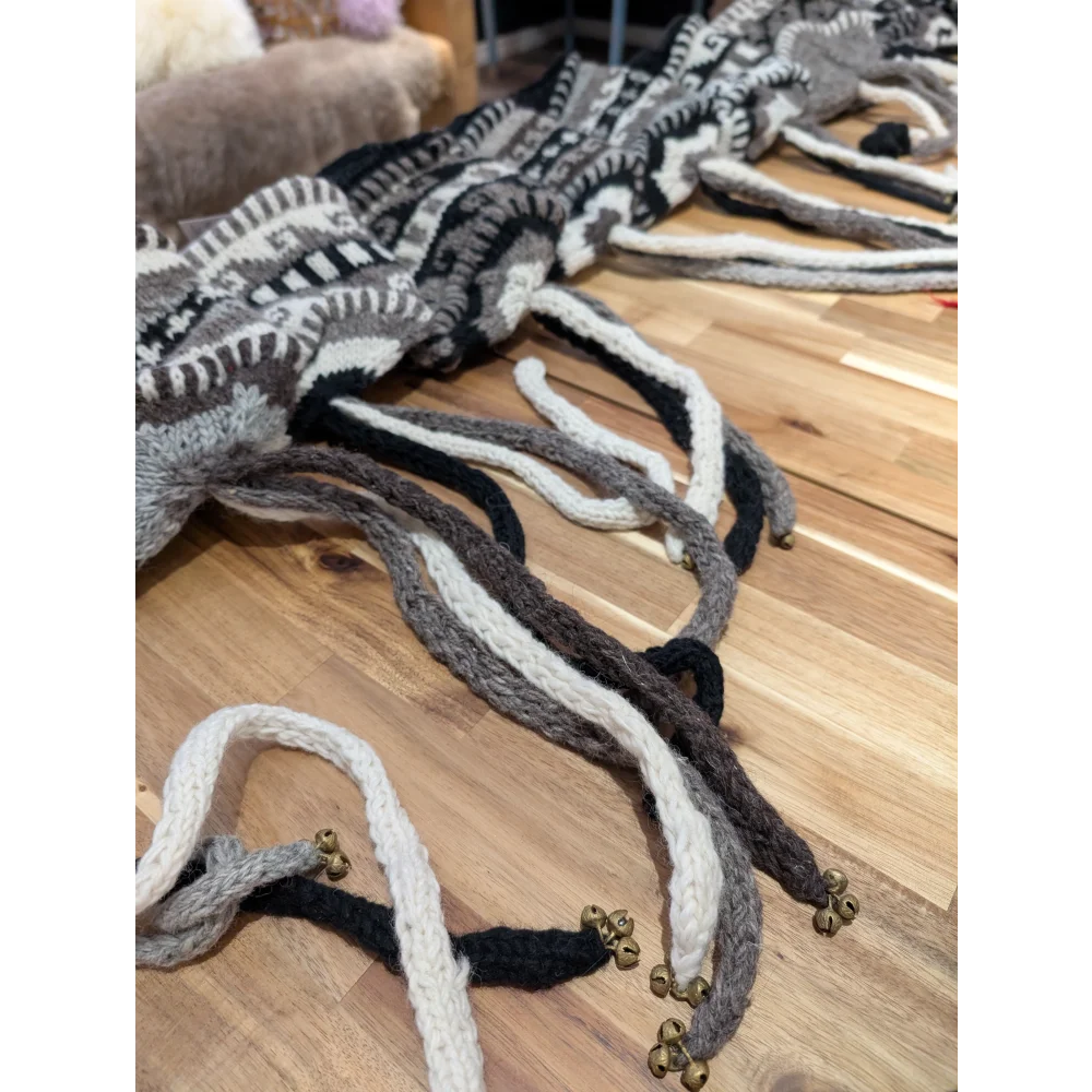 Black and white striped wool scarf with gold bells, for Real Sheeps Wool Hats