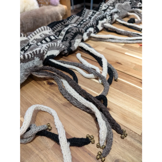 Black and white striped wool scarf with gold bells, for Real Sheeps Wool Hats