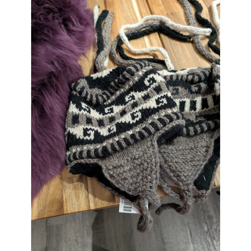 Cozy grey black knit wool hat with ear flaps