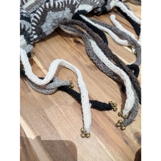 Gray and white wool hat with bells, real sheeps wool design