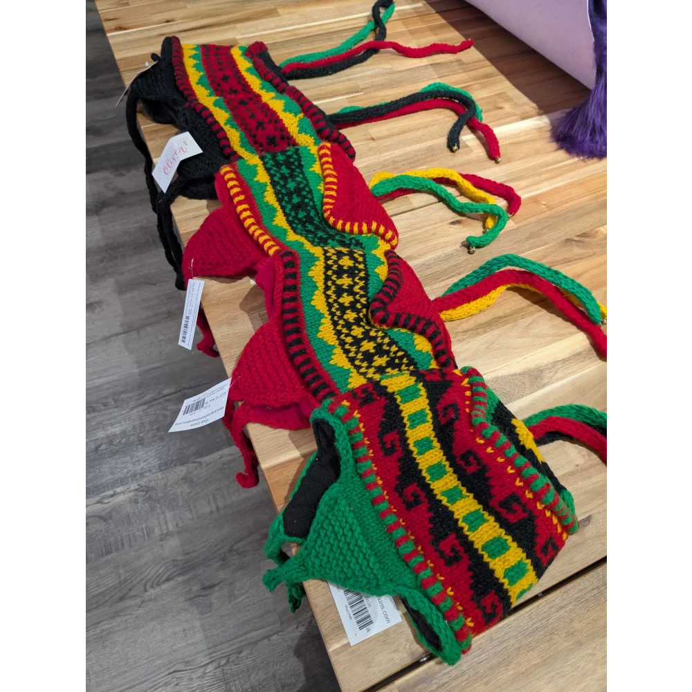 Colorful rasta crochet wool hat with black trim stripes