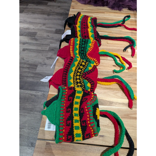 Colorful wool hat with tassels and geometric patterns