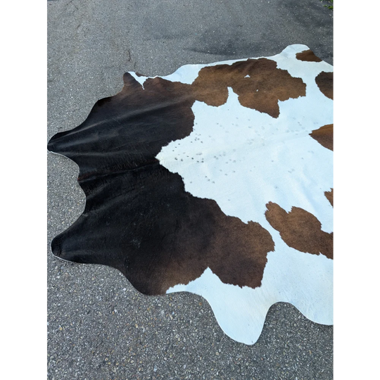 Extra large 96x84.5 cowhide rug with black brown white patches