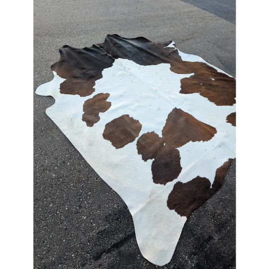 Extra large 96x84.5 cowhide rug with brown white patches leather texture