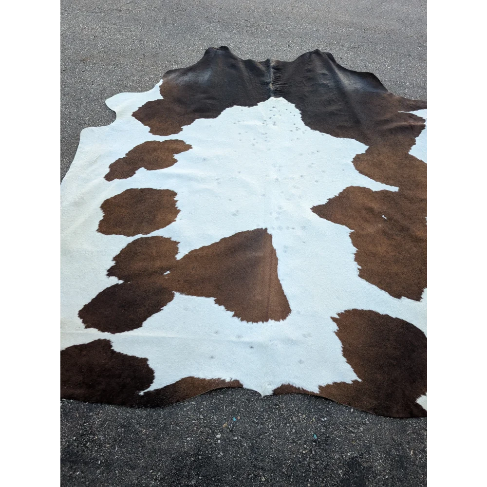 Extra large cowhide rug with brown white patches, 96x84.5 inches