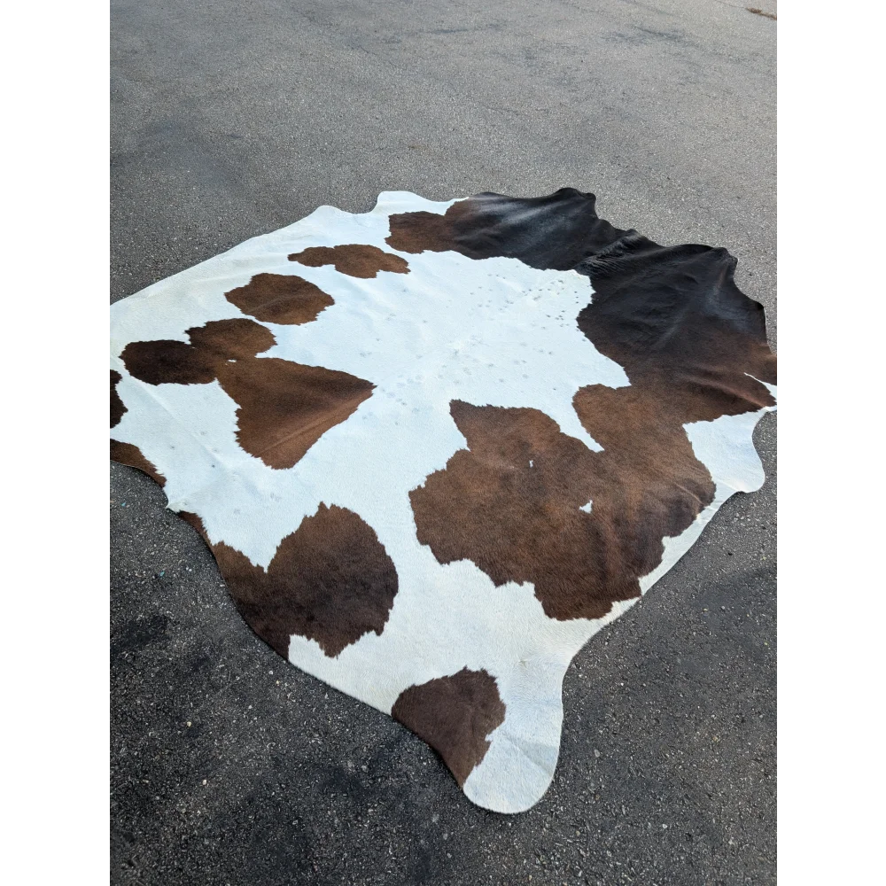 Extra large 96x84.5 cowhide rug with brown white spots and leather texture