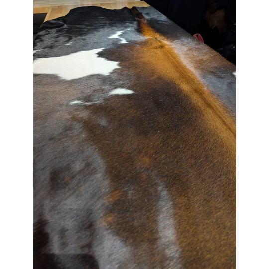 Extra large cowhide rug with brown white patches leather texture 101x84