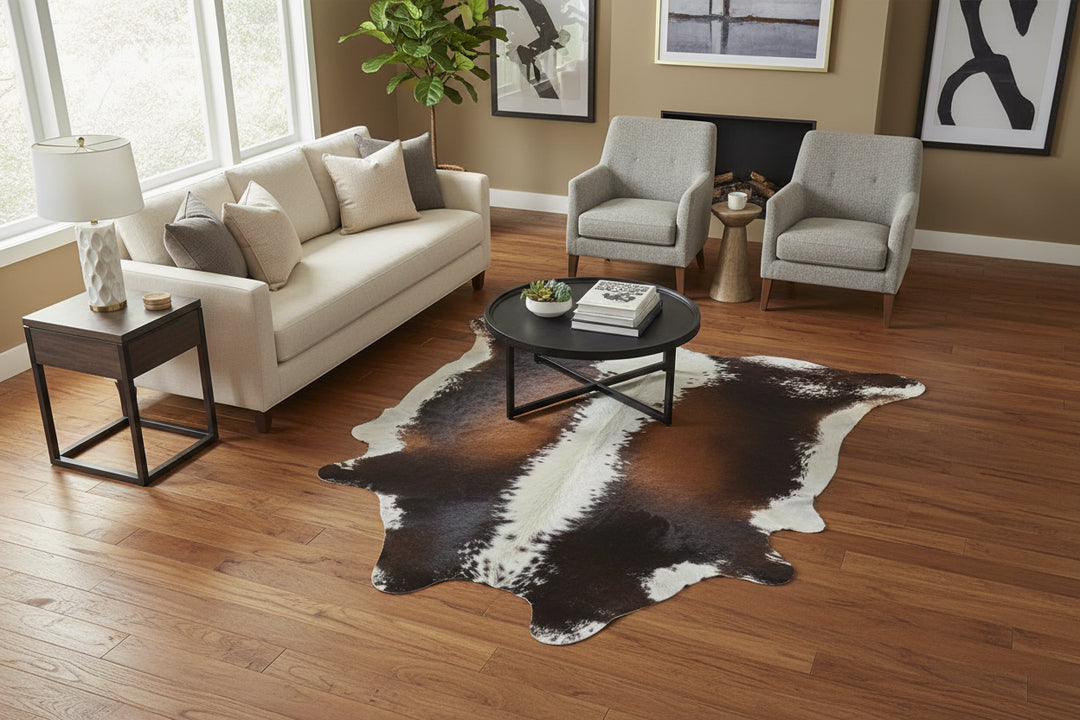 Reddish #434 large cowhide rug, brown and white with soft underfoot fur