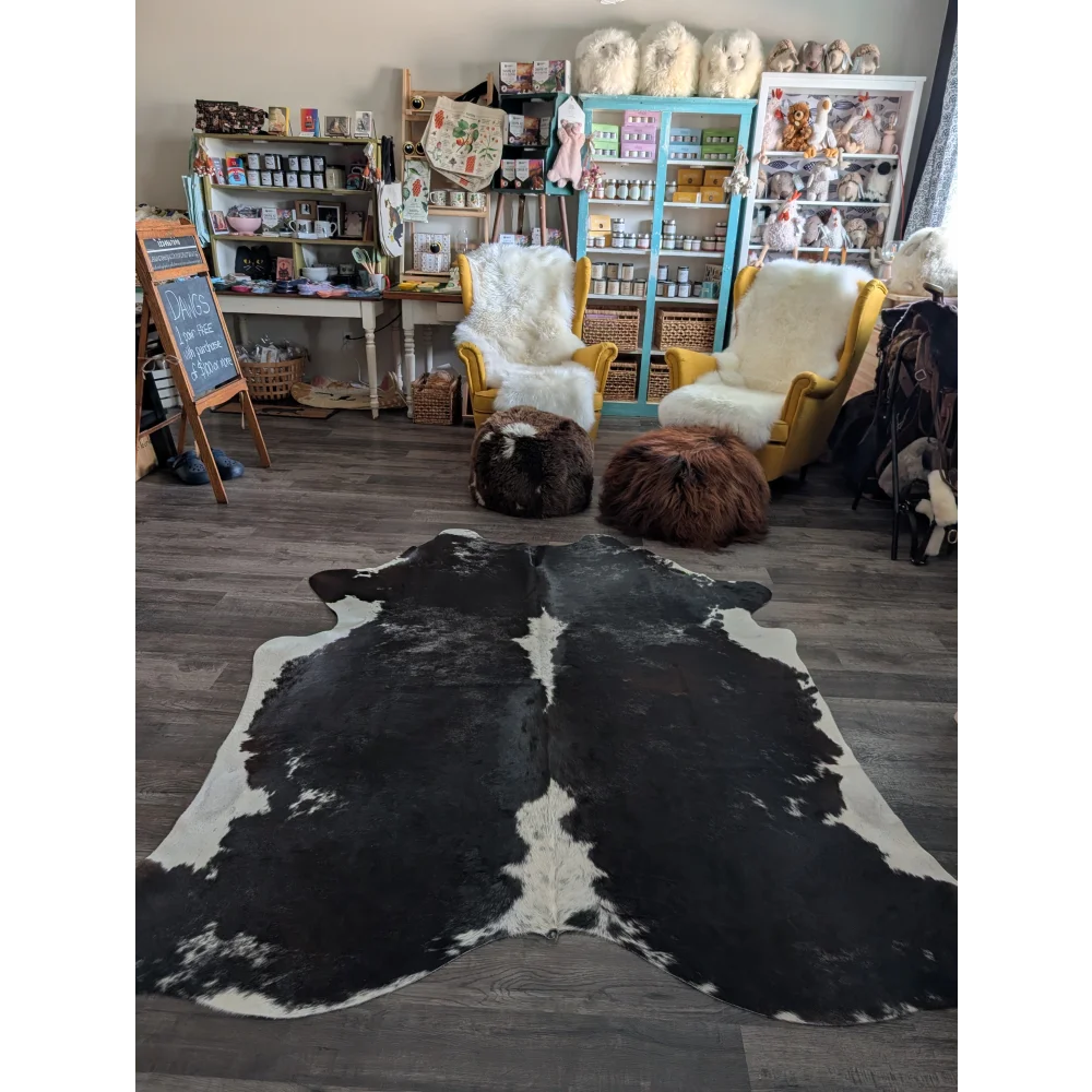 Reddish#476 extra large black and white cowhide rug with natural irregular patterns perfect as a large cowhide decor