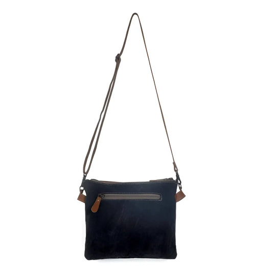 Black suede hairon bag with real cowhide accents by Angus Oliver