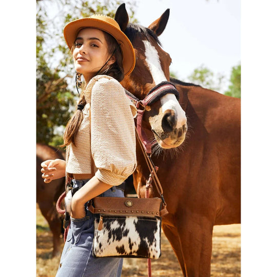 Remarkable real cowhide hairon bag by Angus Oliver, brown white crossbody