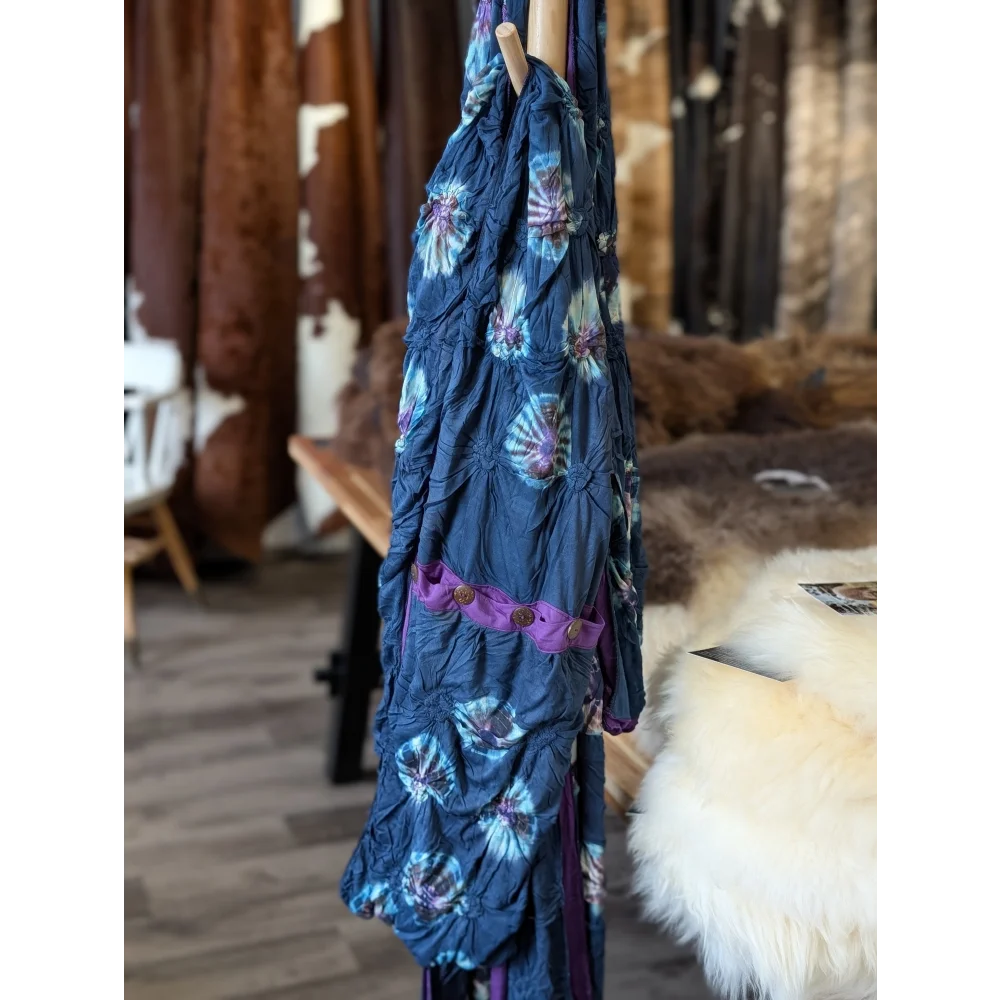 Ridiculously cute cotton infinity scarf with blue floral dress and purple accents