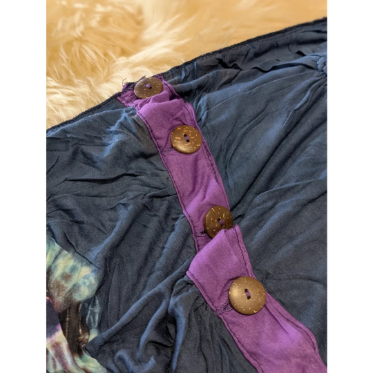 Ridiculously cute cotton infinity scarf with purple gray quilted jacket and gold buttons