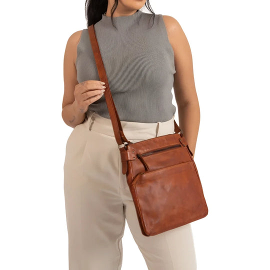 Robbie leather crossbody bag in brown with zip pocket and strap