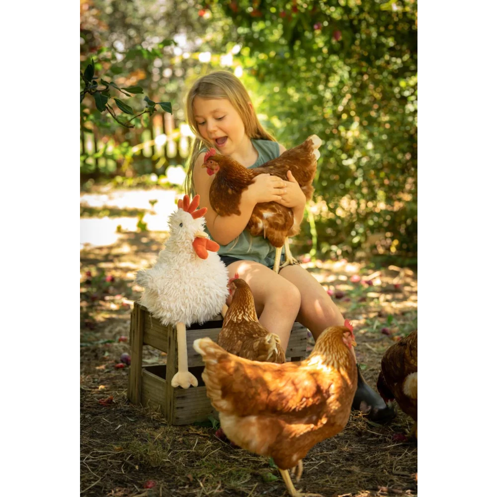 Cute white Nana Huchy Roy The Rooster plush chicken toy with red comb and beak