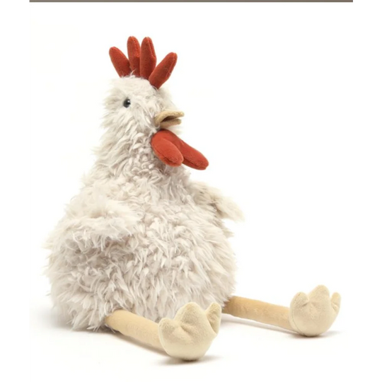 Roy The Rooster Jellycat plush chicken with white fur and red comb