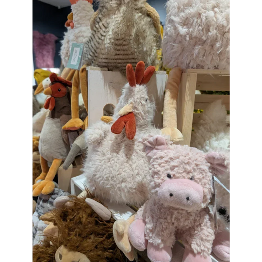 Angus Oliver plush chicken toy with orange beak, feet, sheepskin rug soft feel