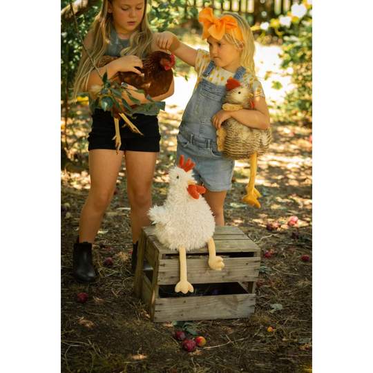 Roy the Rooster nana huchy plush toy on wooden crate with white feathers