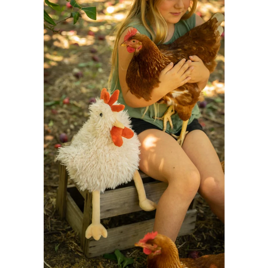 Roy The Rooster white plush chicken toy with red comb and wattle, nana huchy style