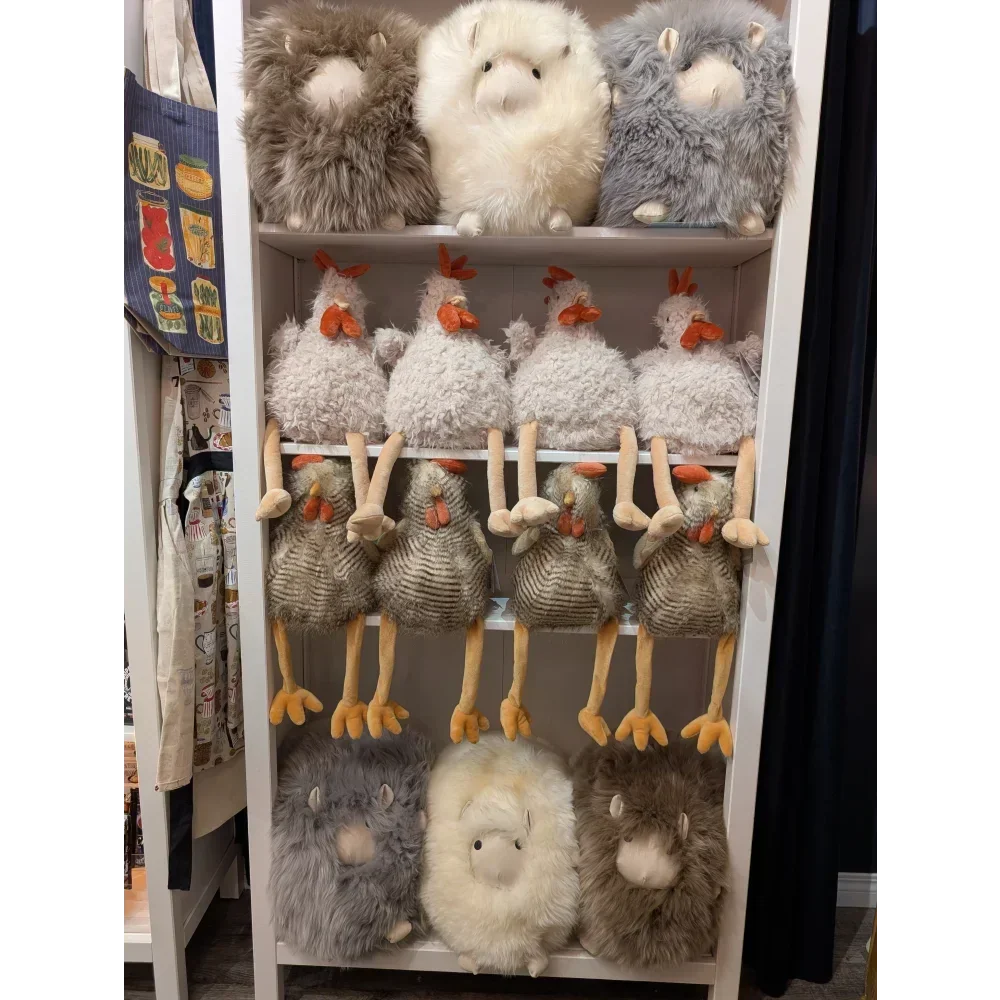 Angus Oliver sheepskin Roosters & Hens plush chicken toy rack with gray, white and brown chickens