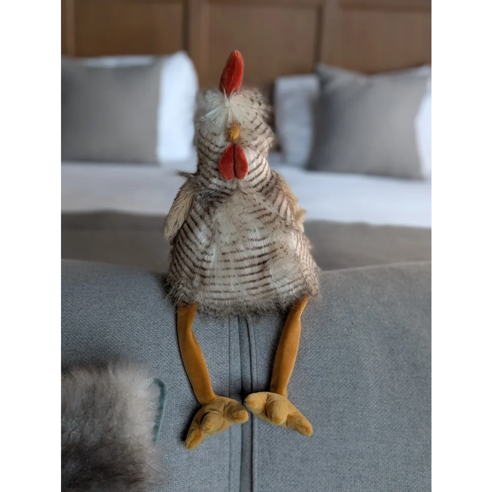 Cute Rupert the Rooster plush toy with striped feathers and red comb from Pottery Barn Kids