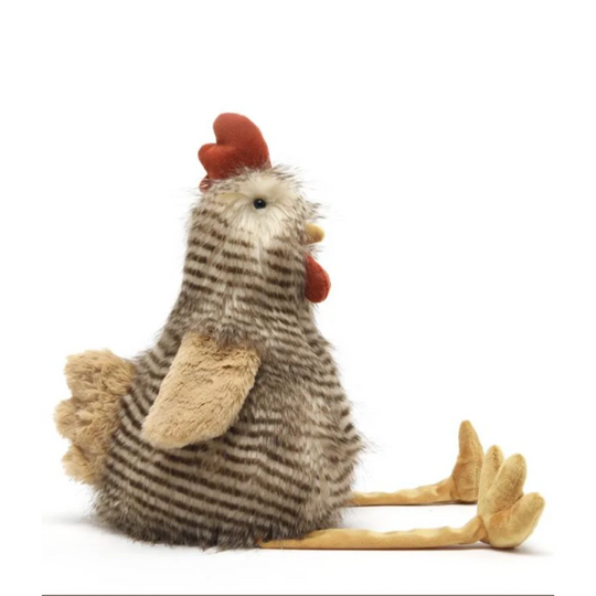 Cute Rupert The Rooster plush toy with striped feathers and red comb