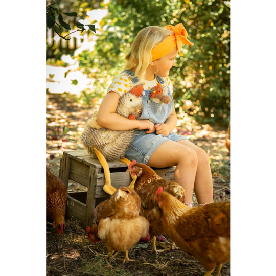 Cute Rupert The Rooster with nana huchy denim overall dress and orange bow