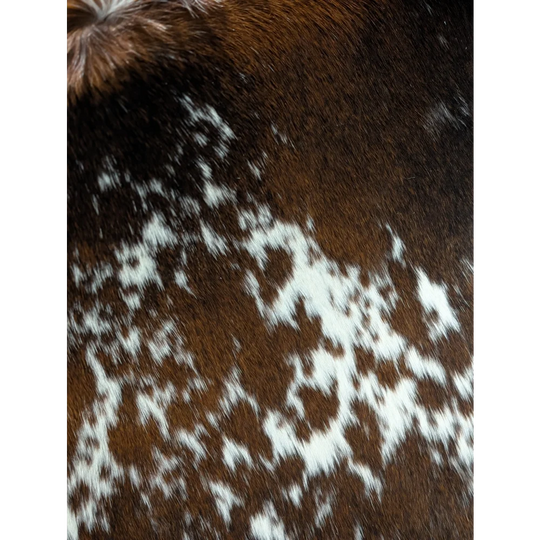 Beautiful large cowhide rug with brown and white speckled leather belt
