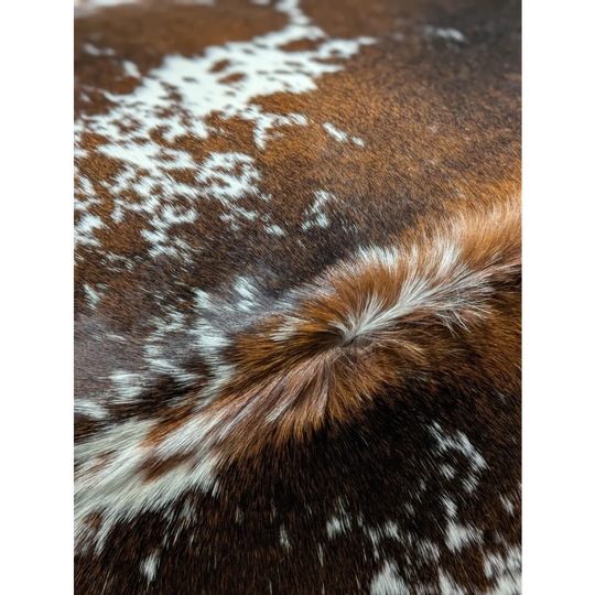 Beautiful large cowhide rug with brown and white spots, 88.5x76.5 inches